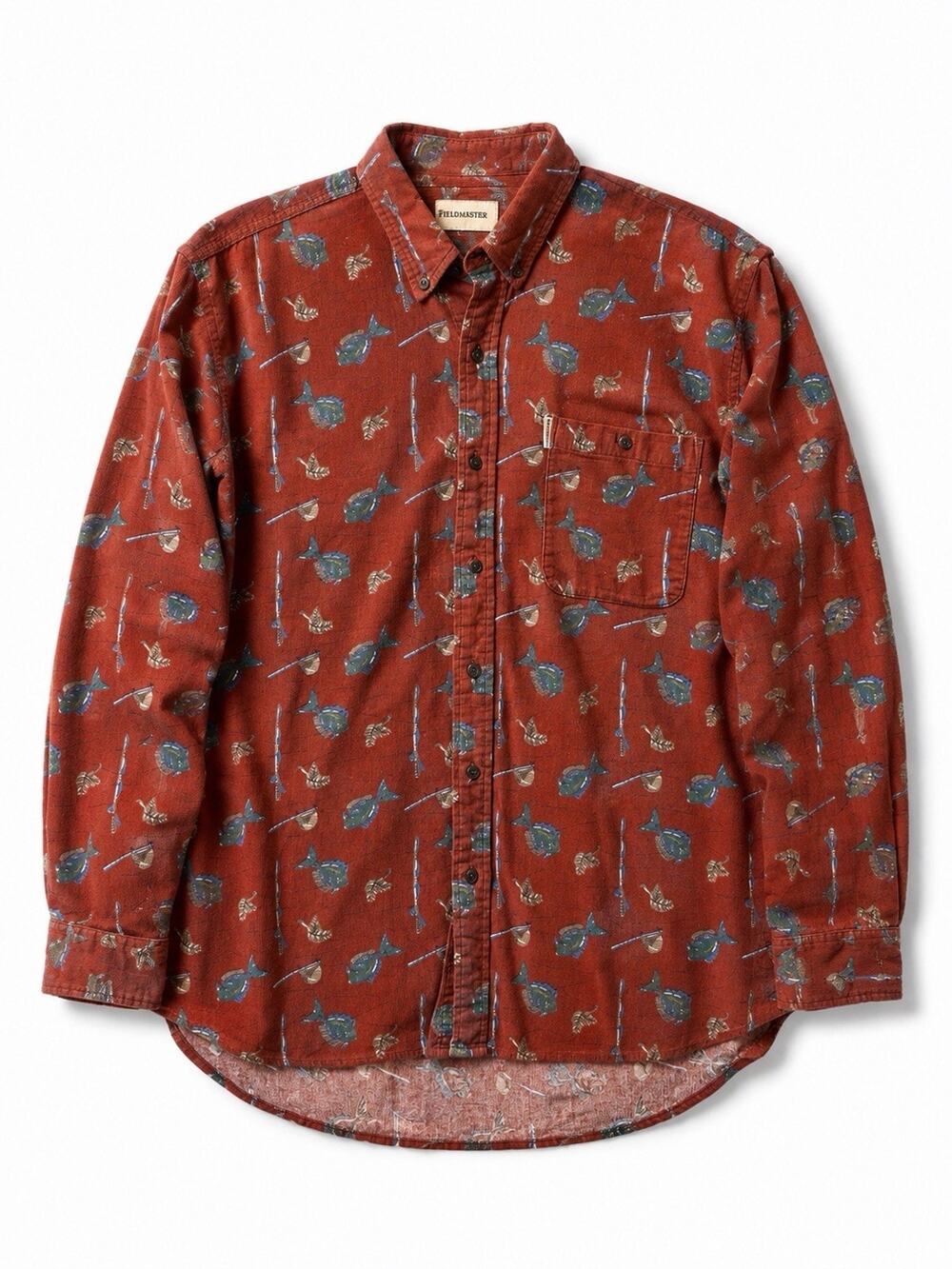 Fieldmaster Men Corduroy Shirt Fish Art Print Fishing Button Down Vintage 80s XL